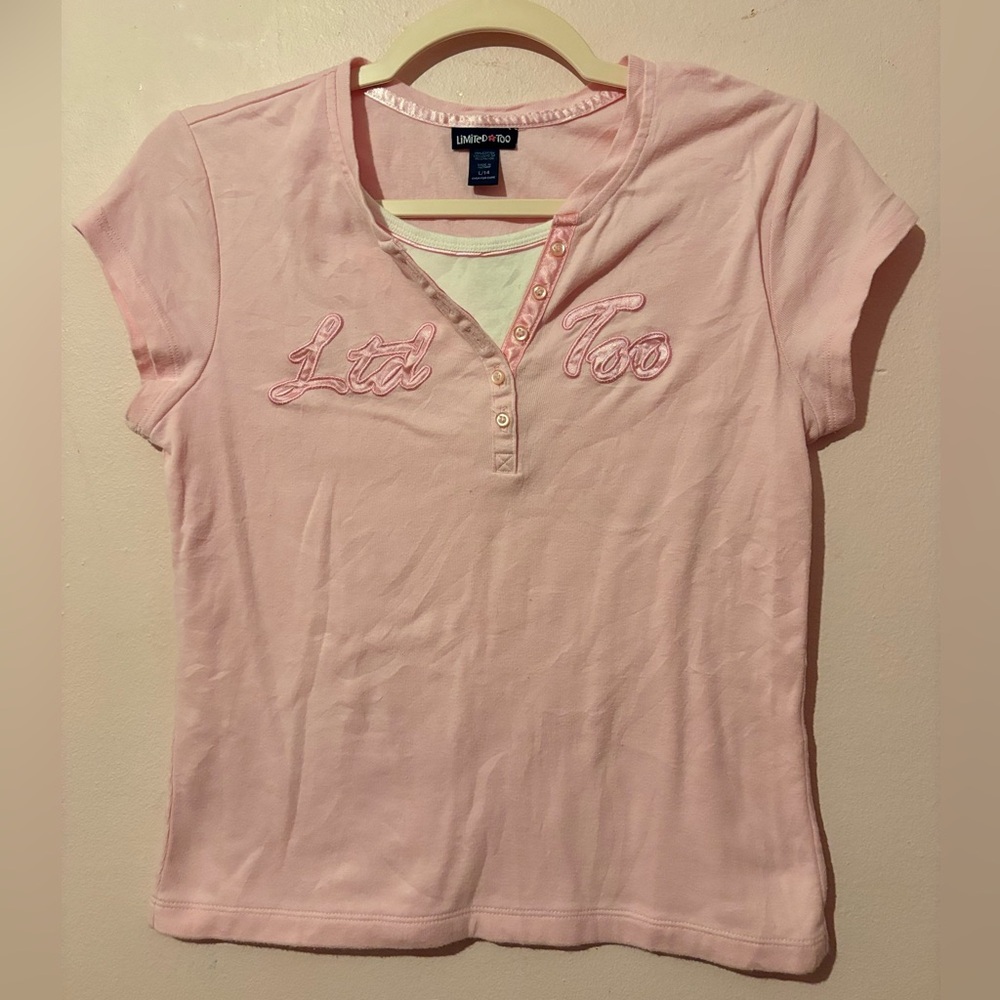 pink & white layered button henley top